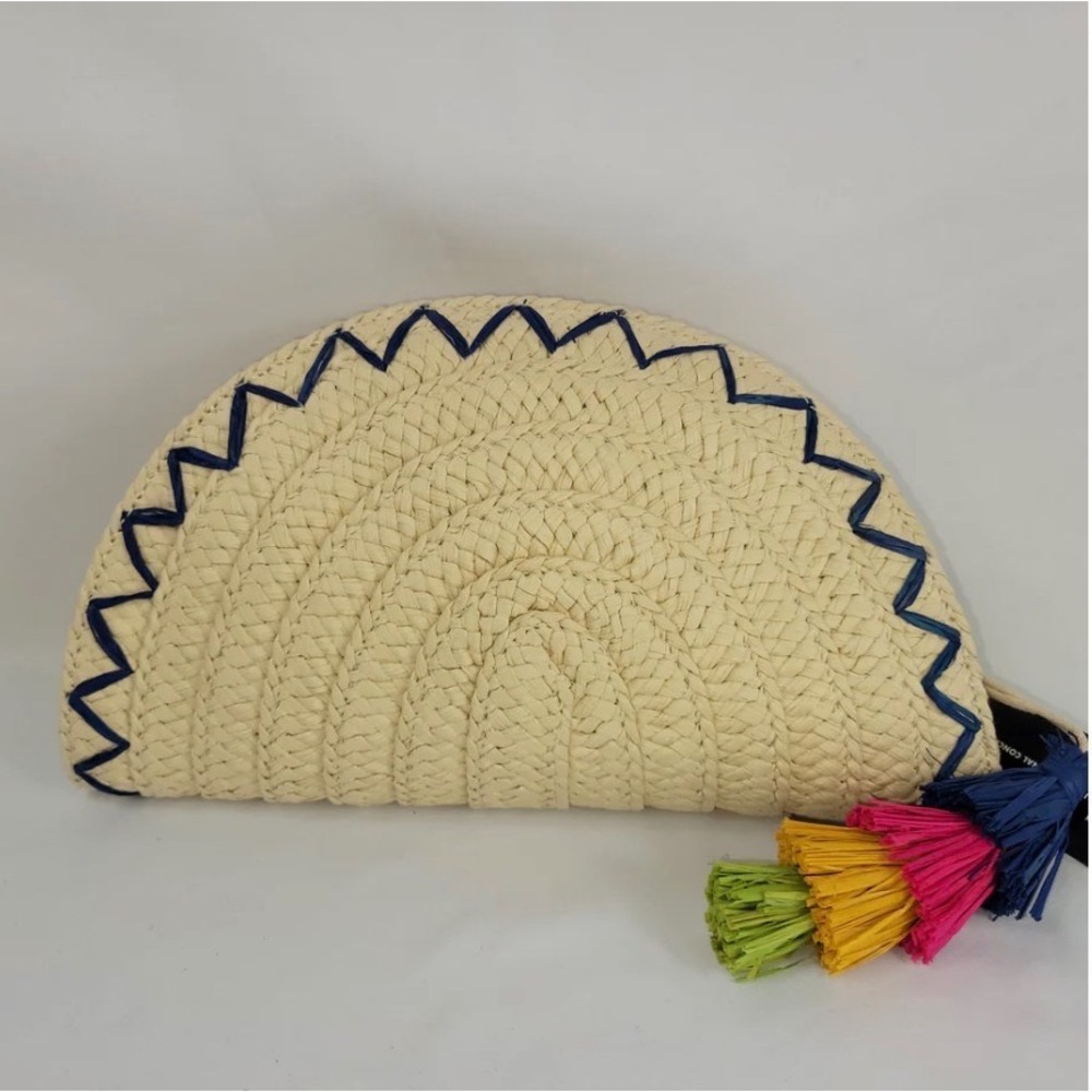 INC International Concepts Straw Taco Clutch Woven Chevron Tassel Bag